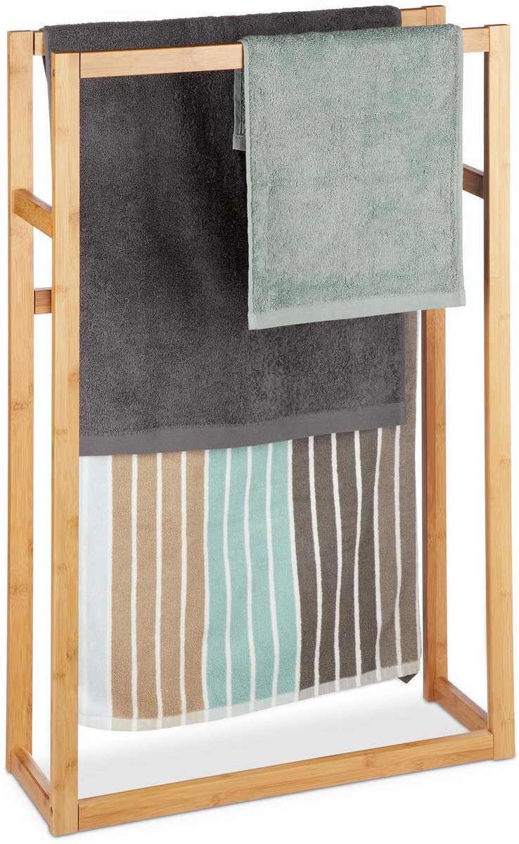 Famanu – Handdoekenrek van bamboe, staande handdoekhouder, afmetingen HxBxD: ca. 90 x 60 x 20 cm, 3-armig, voor in de badkamer, natuurkleur