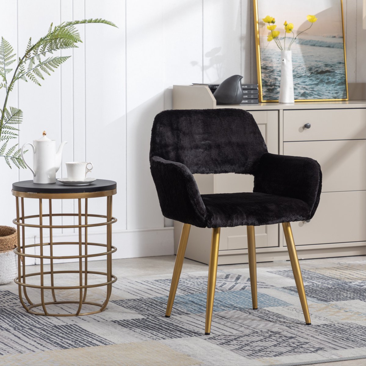 Eetkamerstoel Met Armleuningen - Kuipstoel In Zachte Velourslook - Stevige Metalen Poten - Voor Eetkamer En Woonkamer - Zwart