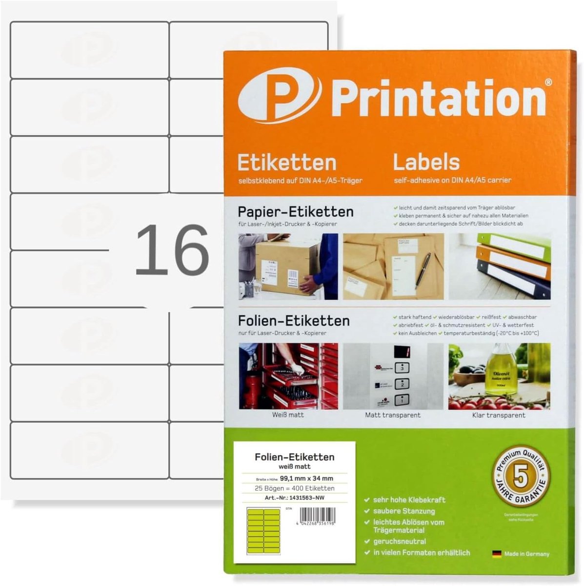 White labels 99.1 x 34 mm WEATHER RESISTANT white on DIN A4-2 x 8 stickers/page 400 foil labels 99.1x34 self-adhesive - ShopVlot