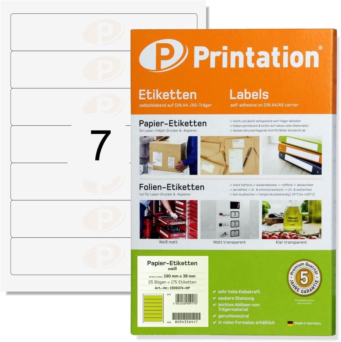 Universal belt back labels narrow 190 x 38 mm 175 back labels self-adhesive white printable - 25 DIN A4 sheet 1x7 - ShopVlot