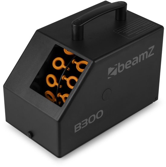 Zwarte BeamZ B300 bellenblaasmachine met handvat en zes oranje bellenblaasringen aan de voorzijde.