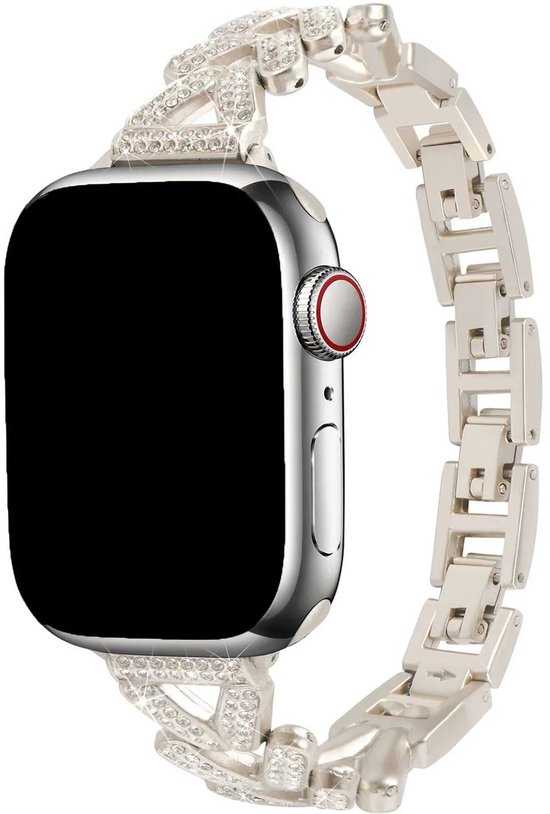 Zilverkleurige Apple Watch met een zilveren bandje bezet met strass-steentjes. De band is versierd met driehoekige patronen.