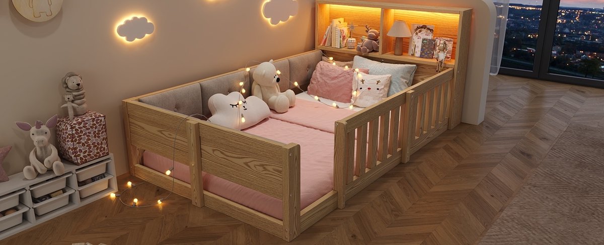MIVRAY Kinderbed 90x200cm - Ledikant Met Opbergruimte En Verlichting - Met Beschermende Zijhekken En Zachte Rugleuning - MDF En Stof - Natur