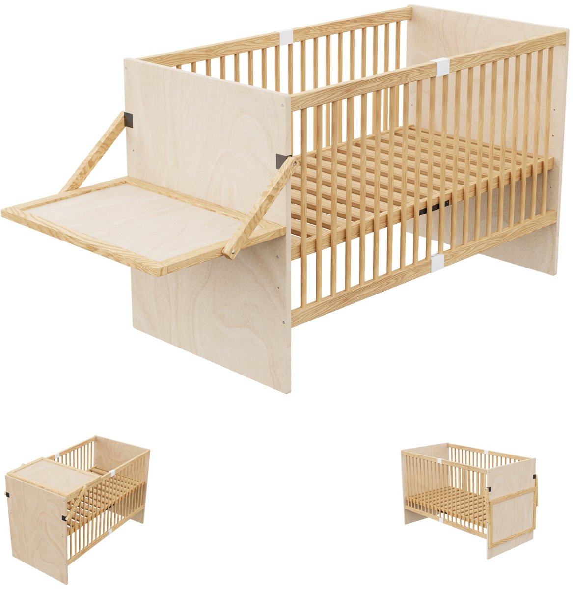 MIVRAY Babybed 70 x 140 Cm - Gitterbed Met Uitklapbare Verschoontafel En 4-Traps Hoogteverstelling - Massief Hout - Natuurhoutkleur Naturel
