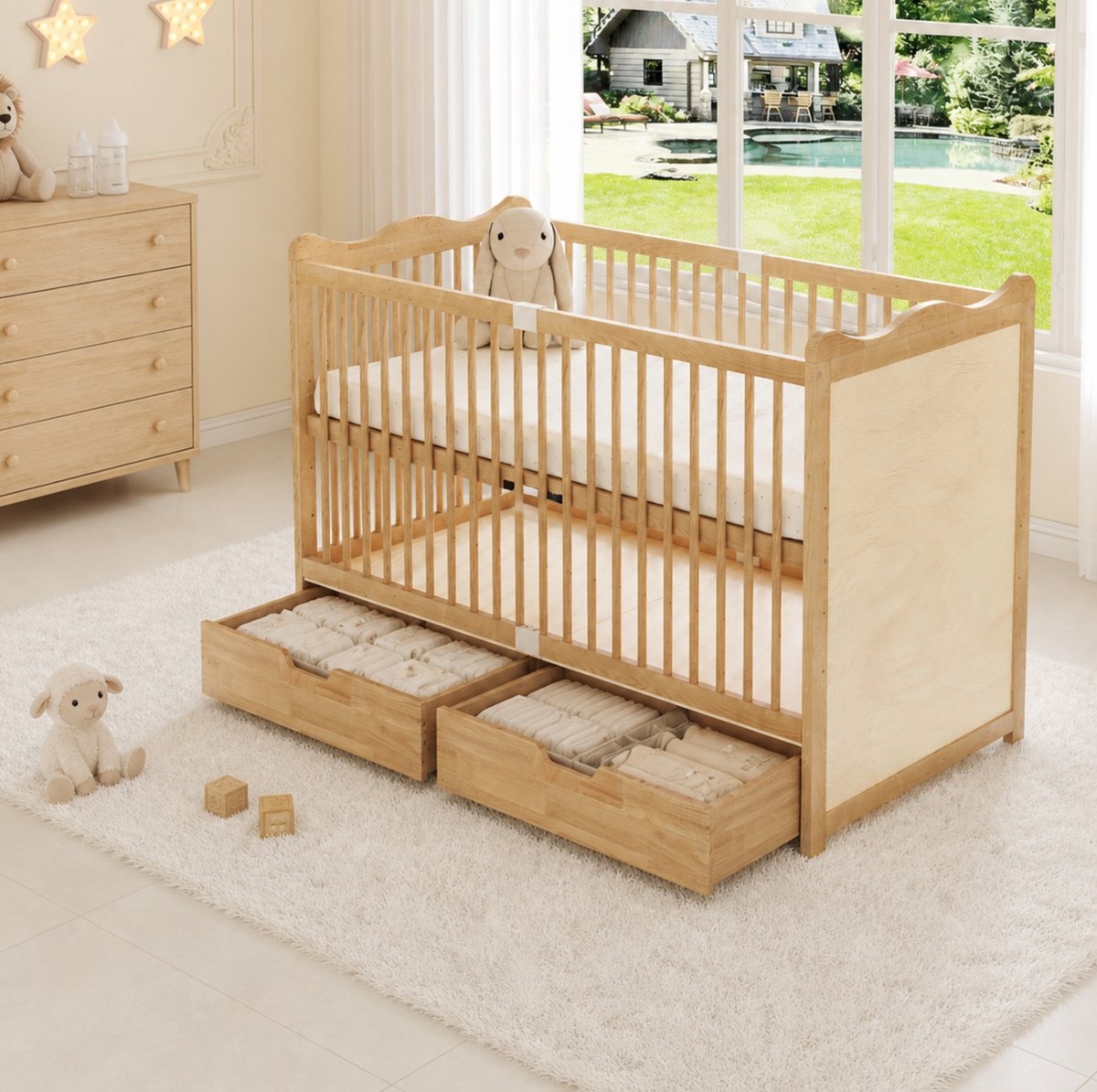 MIVRAY Babybed 70 x 140 cm Ledikant Zonder Matras Met 4 Hoogtestanden En 2 Bedlades Voor Babykamer Van Hout Natuurkleur Naturel