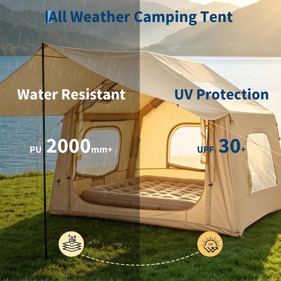 Opblaasbare Familietent 4 tot 6 Personen - Luxe Campingtent met Afneembare Luifel - Ruime Stahoogte (222 cm) - Snel Opzetbaar in 5 Minuten met Meegeleverde Handpomp - 305 x 244 cm — afbeelding 2
