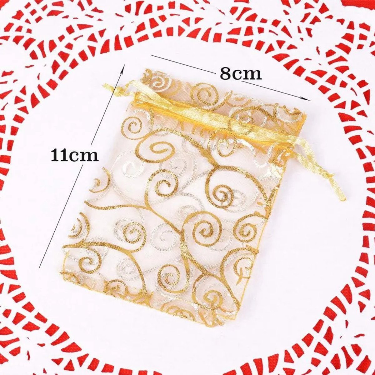 (8 x 11 cm, 100 stuks per verpakking, organza zakjes om te vullen, Geschikt voor bruiloften, Kerstmis, doopfeesten, lavendel, organza cadeauzakjes (goudkleurig patroon))