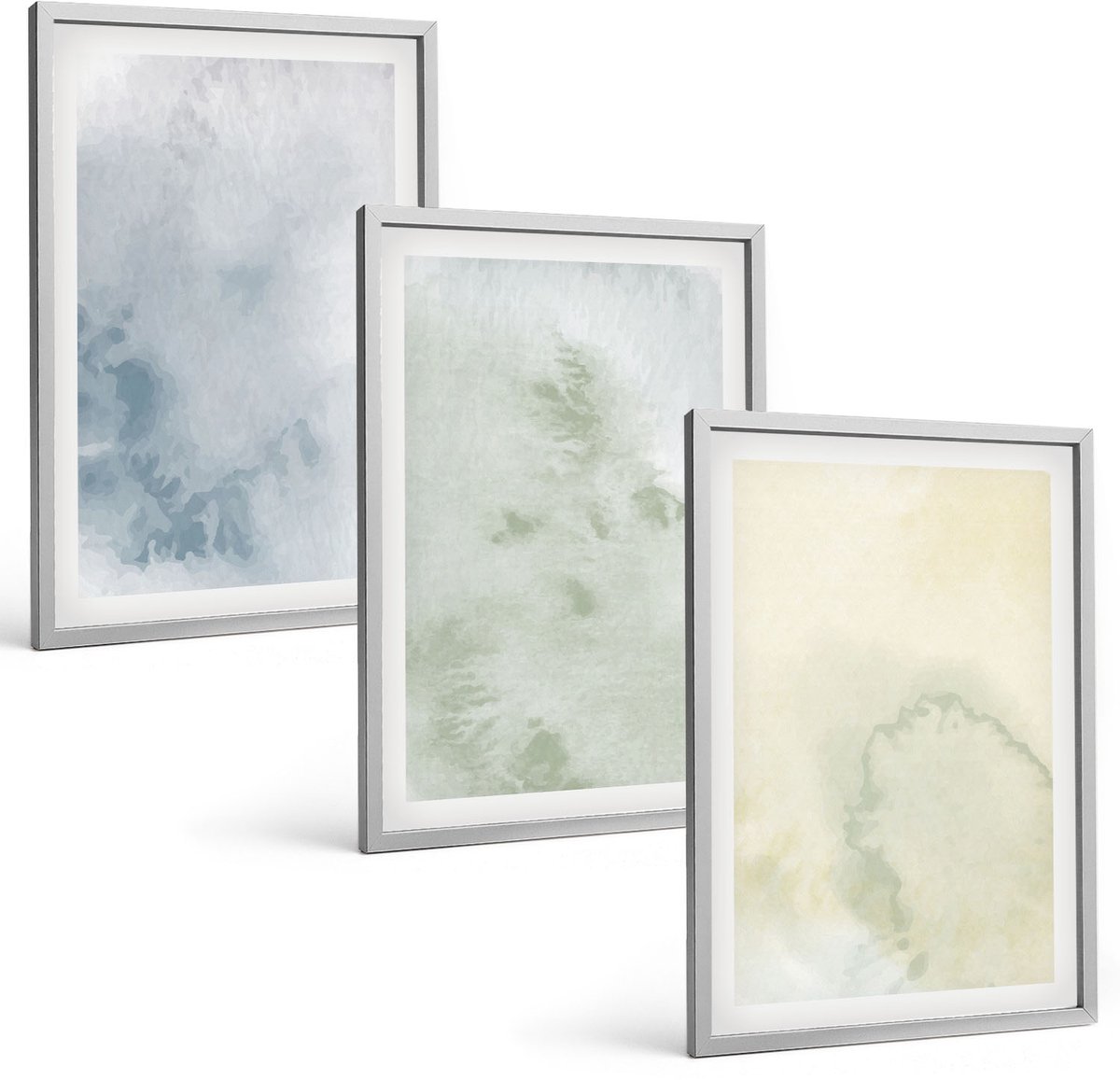 TULUP 4-Delige Schilderij Set - Pastelkleurige aquarelverf op canvastextuur - 40 x 60 cm - Decoratieve Muurdecoratie - Slaapkamer Zilveren lijst