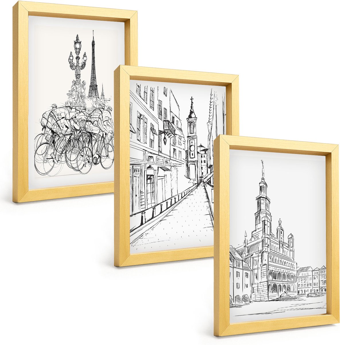 TULUP 4-Delige Schilderij Set - Eenvoudige tekeningen van stadsgezichten - 20 x 30 cm - Schilderijen Set - Wanddecoratie - Woonkamer - Moderne Wanddecoratie Gouden lijst