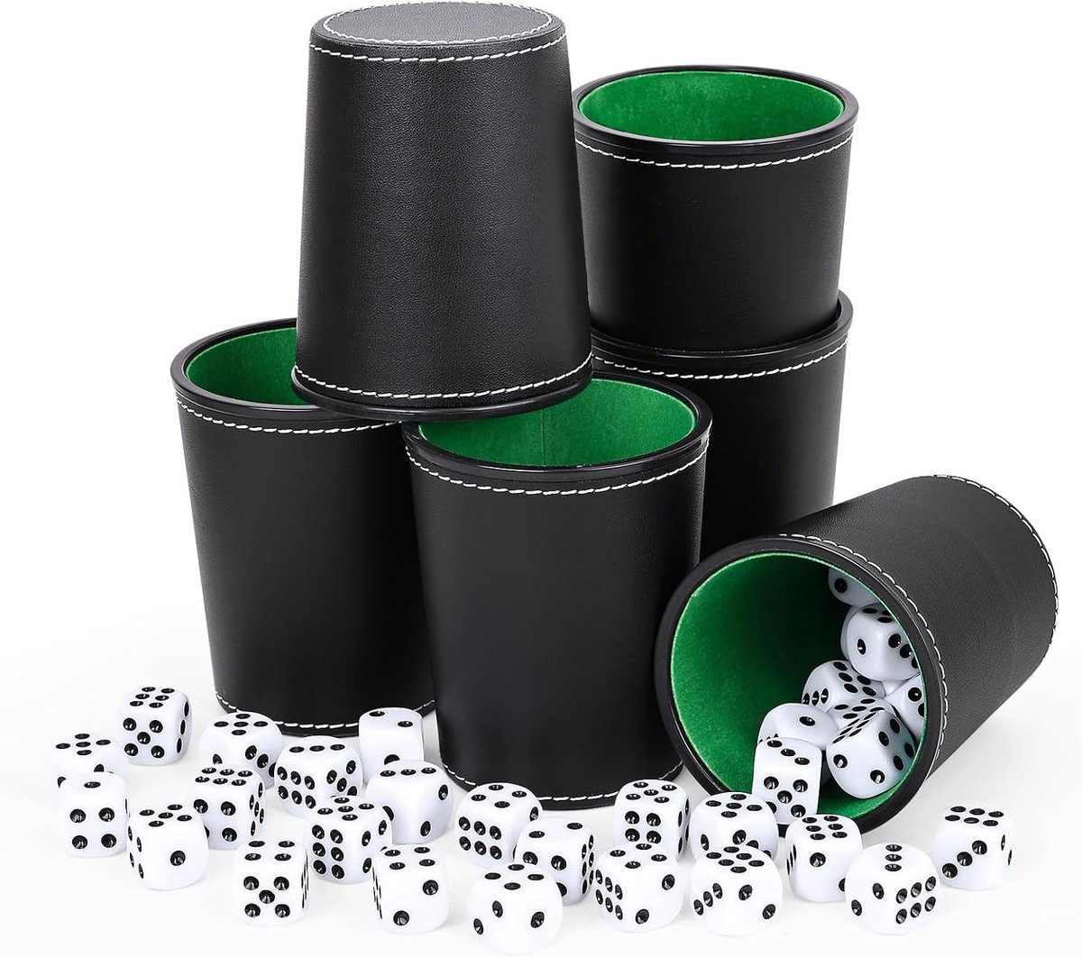 Leren Dobbelbeker Set - Zwart - Set van 6 - PU-leer met Vilten Voering - Voor Spellen en Gezelschapsspellen