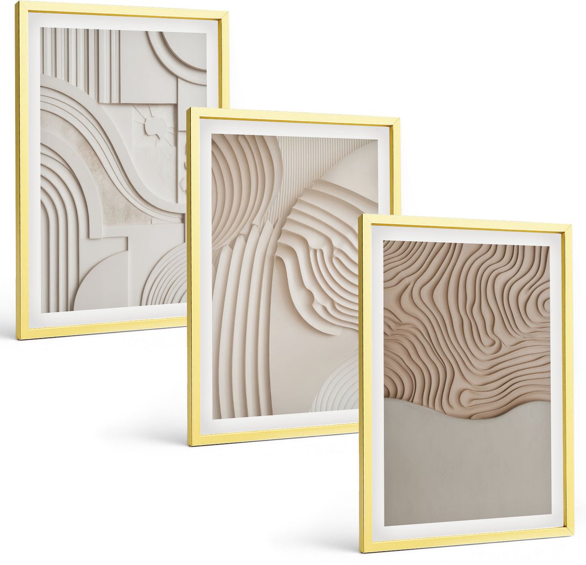 TULUP 4-Delige Schilderij Set - Abstracte patronen in beige en witte tinten. - 40 x 60 cm - Schilderijen Set - Wanddecoratie - Woonkamer - Muurdecoratie Gouden lijst