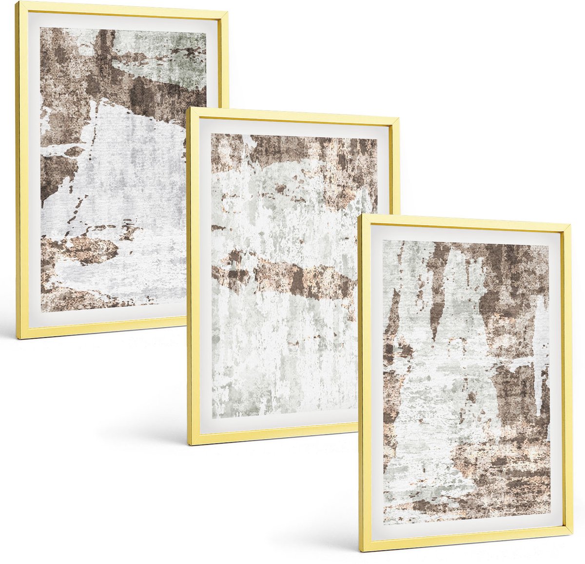 TULUP 4-Delige Schilderij Set - Abstracte patronen in tinten wit en bruin. - 40 x 60 cm - Muurdecoratie - Wanddecoratie - Hal - Woonkamer Decoratie Gouden lijst