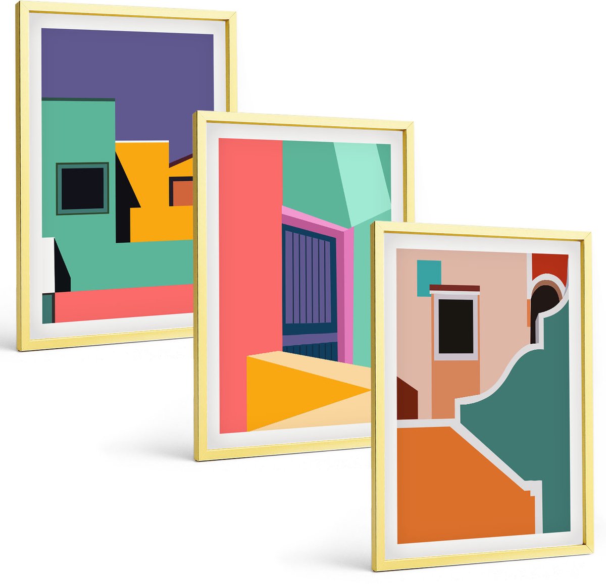 TULUP 4-Delige Schilderij Set - Kleurrijke stadsgezichten in een moderne stijl. - 40 x 60 cm - Decoratieve Schilderijen - Wanddecoratie - Hal - Interieur Decoratie Gouden lijst