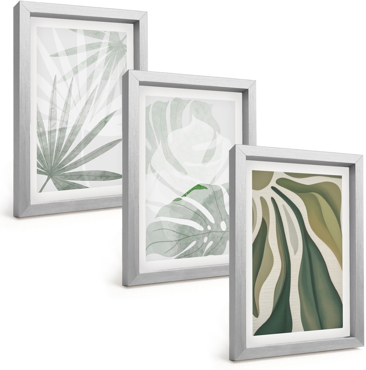 Tulup 4-Delige Schilderij Set - Plantenbladeren in tinten groen en grijs - 20 x 30 cm - Wanddecoratie - Muurdecoratie - Moderne Interieurdecoratie - Woonkamer Decoratie