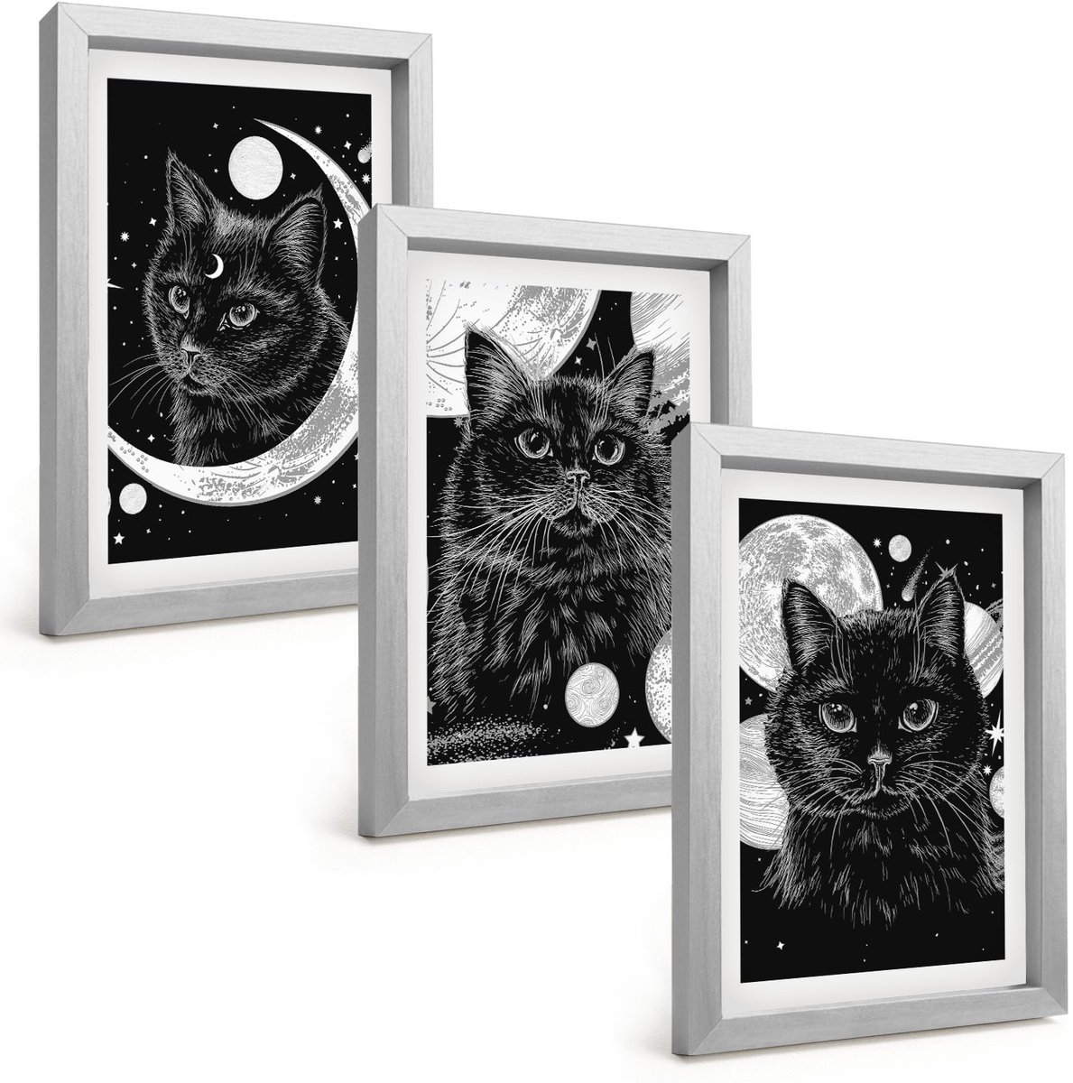 Tulup 4-Delige Schilderij Set - Zwarte katten tegen de achtergrond van de maan en planeten in de ruimte. - 20 x 30 cm - Wanddecoratie - Schilderijen Set - Kantoor - Stijlvolle Muurdecoratie