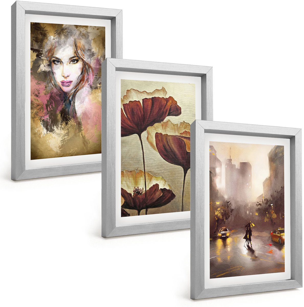 Tulup 4-Delige Schilderij Set - Abstract portret van een vrouw met bloemen in een stad in de regen. - 20 x 30 cm - Decoratieve Schilderijen - Wanddecoratie - Hal