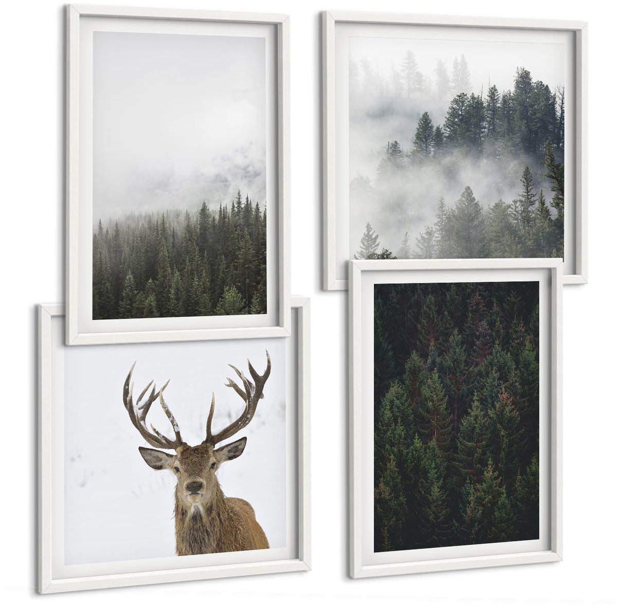 Tulup 4-Delige Schilderij Set - Groene bossen in een mistige natuurlijke omgeving - 40x40 en 40x60 - Stijlvolle Wanddecoratie - Interieur