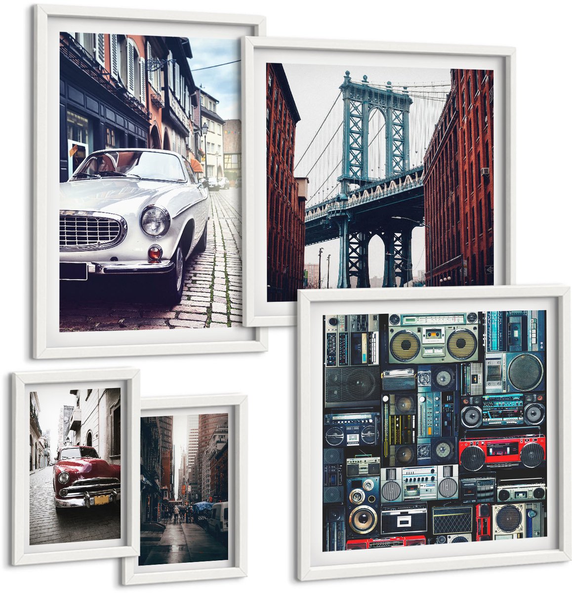 Tulup 4-Delige Schilderij Set - Stijlvolle auto's en stadsarchitectuur - 50 x 50 cm, 20 x 30 cm en 40 x 60 cm - Wanddecoratie - Muurdecoratie - Moderne Interieurdecoratie - Moderne Wanddecoratie