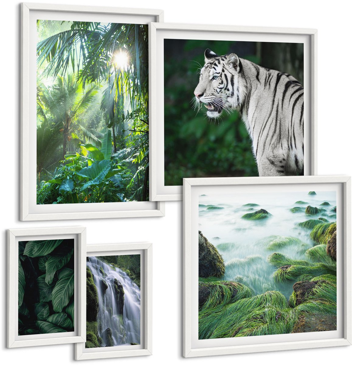 Tulup 4-Delige Schilderij Set - Tropische natuur met wilde dieren en watervallen - 50 x 50 cm, 20 x 30 cm en 40 x 60 cm - Decoratieve Muurdecoratie - Slaapkamer - Woonkamer Decoratie