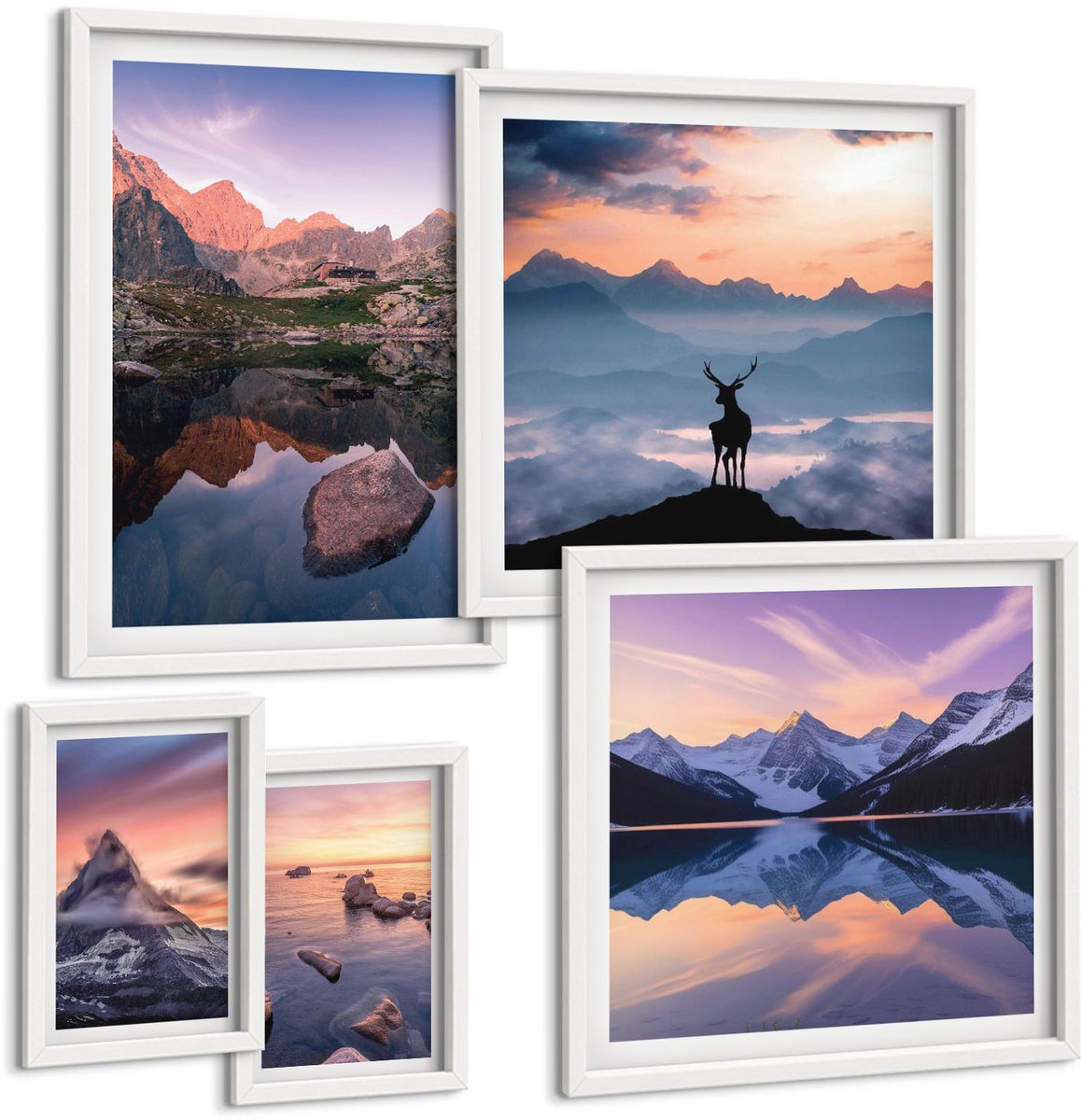 Tulup 4-Delige Schilderij Set - Berglandschappen met zonsondergangen en weerspiegelingen in het water. - 50 x 50 cm, 20 x 30 cm en 40 x 60 cm - Stijlvolle Wanddecoratie - Interieur - Moderne Wanddecoratie
