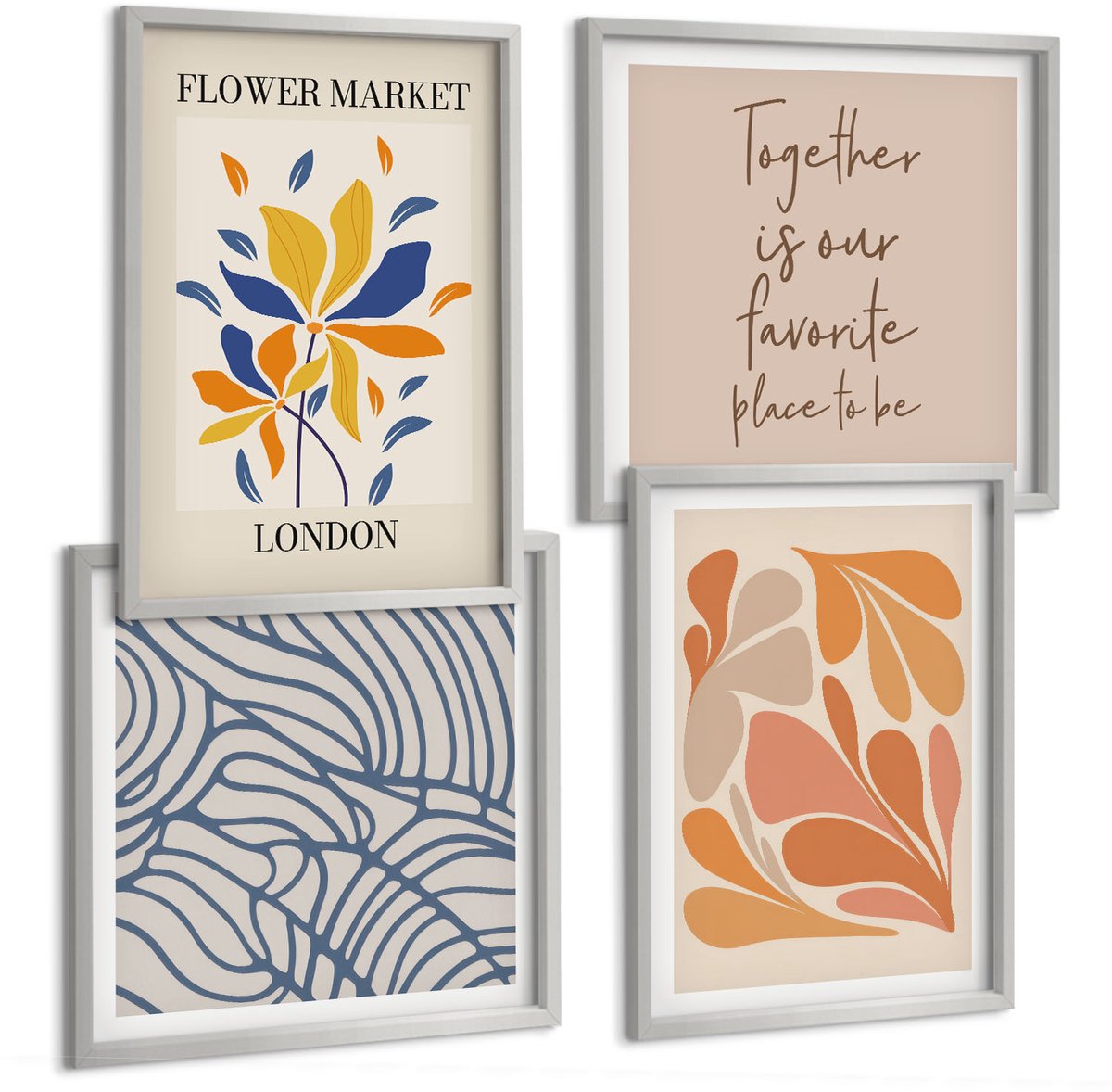 TULUP 4-Delige Schilderij Set - Moderne bloemen met abstracte patronen - 40 x 40 cm en 40 x 60 cm - Decoratieve Muurdecoratie - Slaapkamer Zilveren lijst