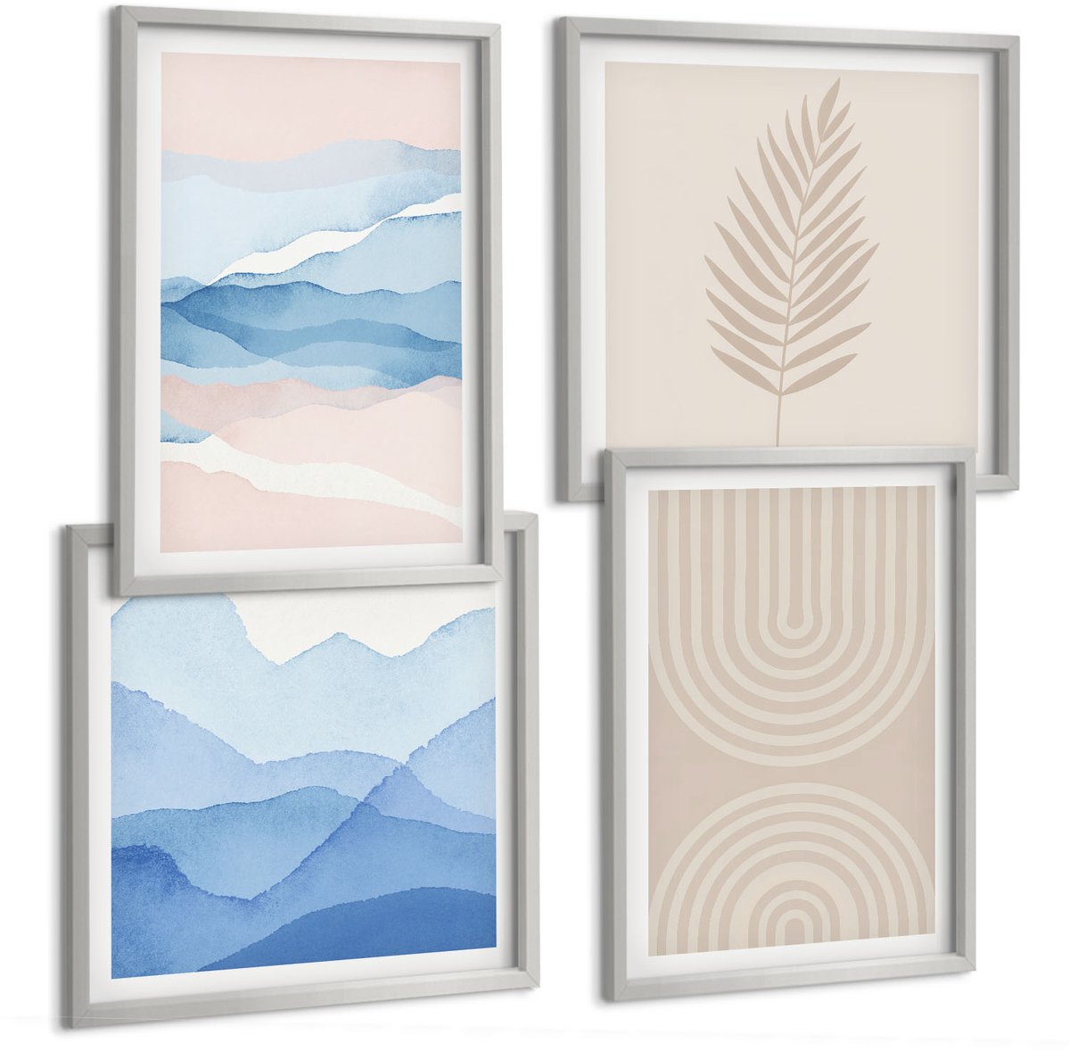 TULUP 4-Delige Schilderij Set - Bladeren en golven in beige en blauwe tinten. - 40 x 40 cm en 40 x 60 cm - Decoratieve Schilderijen - Woonkamer - Interieur - Woonkamer Decoratie Zilveren lijst