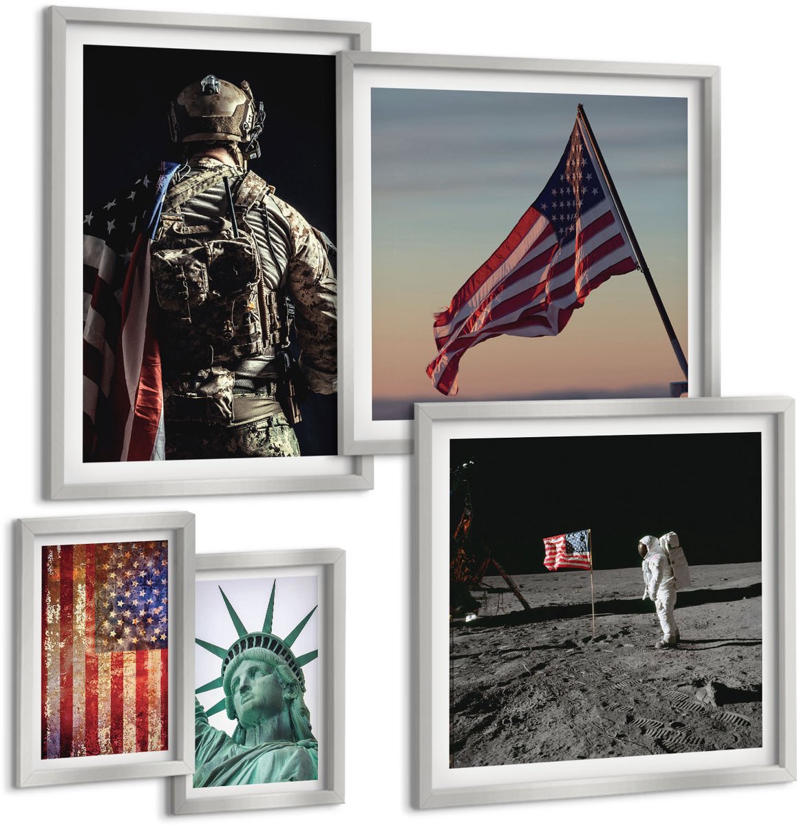 TULUP 4-Delige Schilderij Set - Geschiedenis en ontdekkingen van Amerikaanse patriottische symboliek - 50 x 50 cm, 20 x 30 cm en 40 x 60 cm - Muurdecoratie - Interieur Decoratie - Wanddecoratie Zilveren lijst