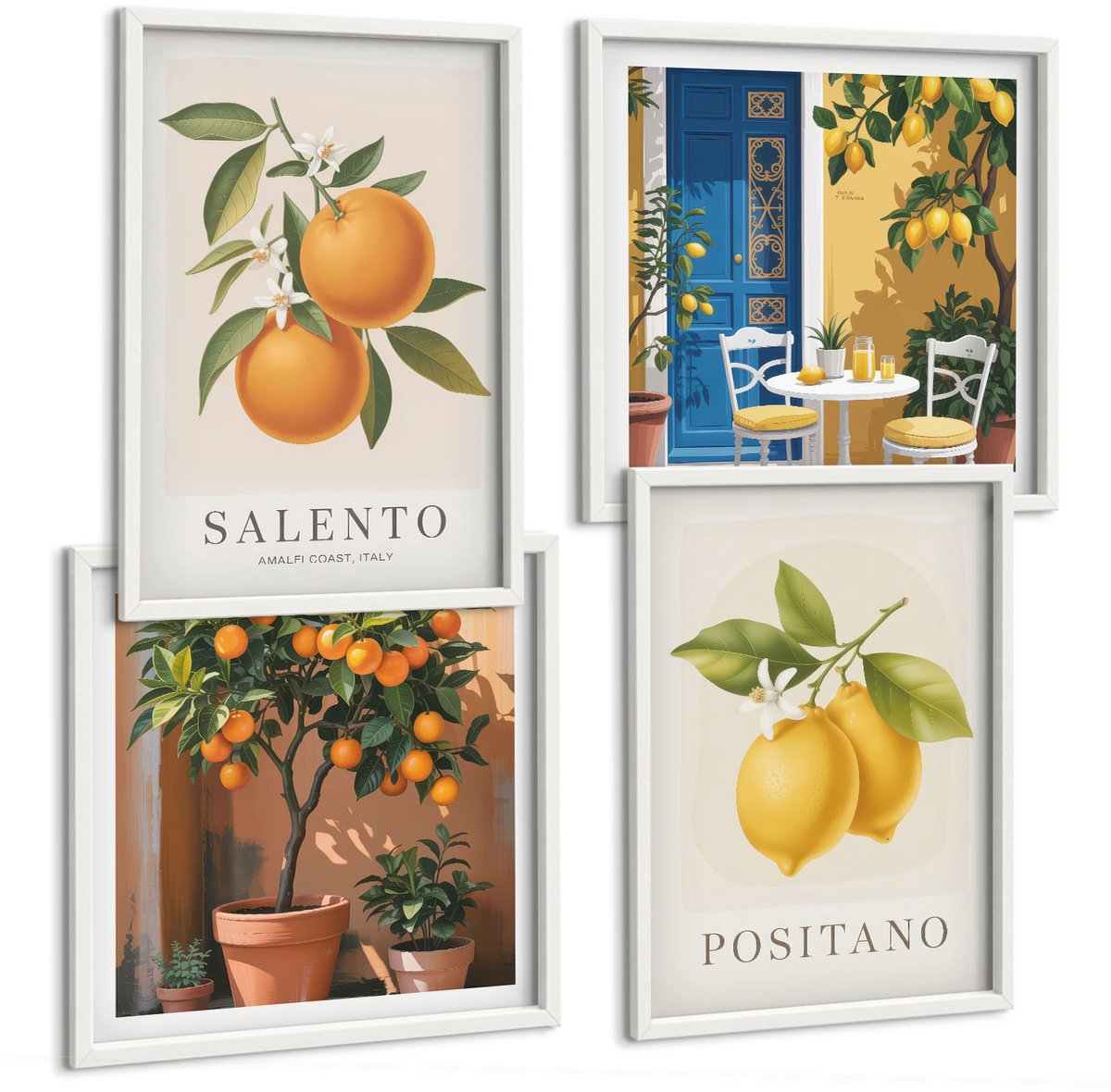 Tulup 4-Delige Schilderij Set - Citroenen Sinaasappelen Italiaanse Amalfikust Stad - 40x40 en 40x60 - Stijlvolle Wanddecoratie - Interieur - Stijlvolle Muurdecoratie