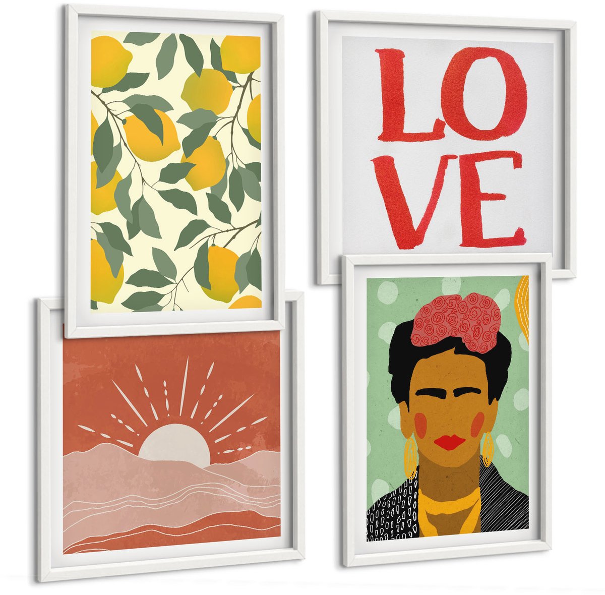 Tulup 4-Delige Schilderij Set - Citroenen Liefde Inscriptie Landschap Portret van Frida Kahlo - 40x40 en 40x60 - Muurdecoratie - Wanddecoratie - Slaapkamer - Moderne Wanddecoratie