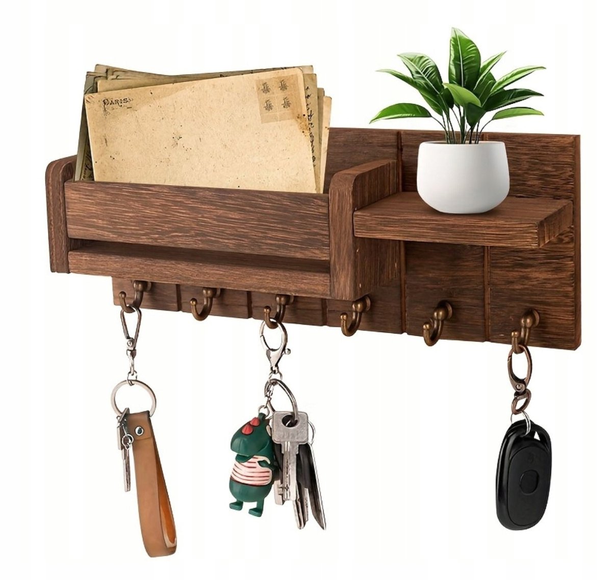 Houten Wandkapstok met Plank en Brievenorganizer