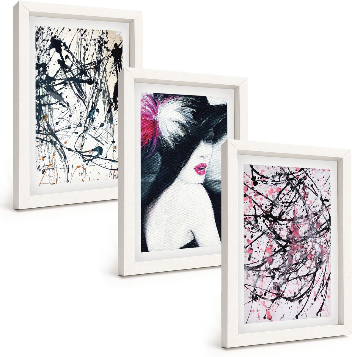 Tulup 3-Delige Schilderij Set - Abstracte verfpatronen Vrouw met hoed - 20x30 - Wanddecoratie - Woonkamer Decoratie - Muurdecoratie
