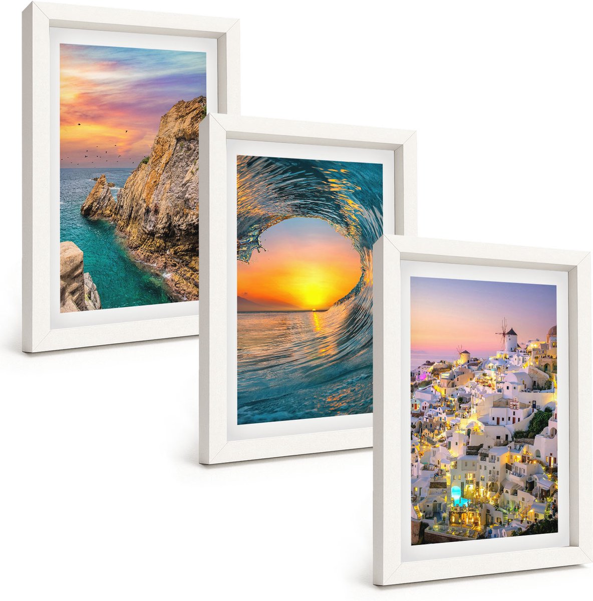 Tulup 3-Delige Schilderij Set - Uitzicht op de zee, de golven en de witte huizen op Santorini, Griekenland - 20x30 - Moderne Wanddecoratie - Woonkamer - Interieur Decoratie