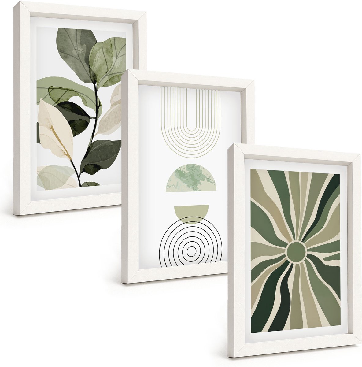 Tulup 3-Delige Schilderij Set - Plantmotieven met geometrische vormen in groen - 20x30 - Decoratieve Muurdecoratie - Slaapkamer - Moderne Wanddecoratie