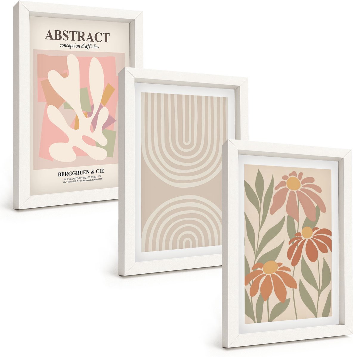 Tulup 3-Delige Schilderij Set - Abstracte vormen met plantmotieven in pastelkleuren. - 20x30 - Decoratieve Schilderijen - Woonkamer - Interieur - Woonkamer Decoratie