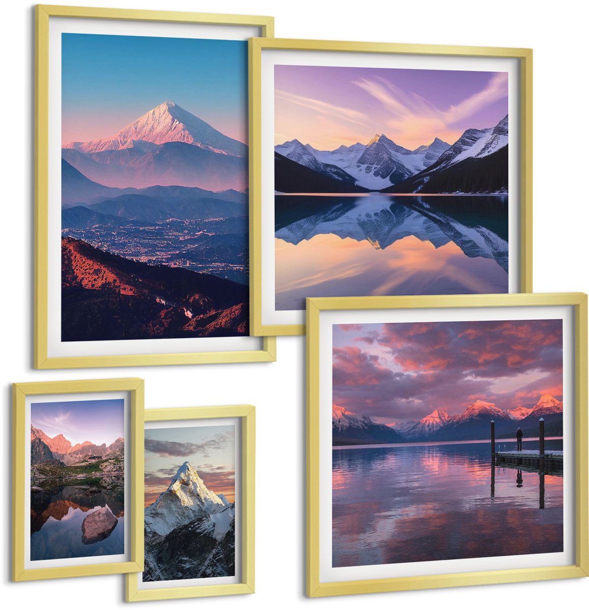 TULUP 5-Delige Schilderij Set - Berglandschappen met uitzicht op pittoreske bergtoppen - 50 x 50 cm, 20 x 30 cm en 40 x 60 cm - Muurdecoratie - Schilderijen Set - Woonkamer - Decoratieve Schilderijen Gouden lijst