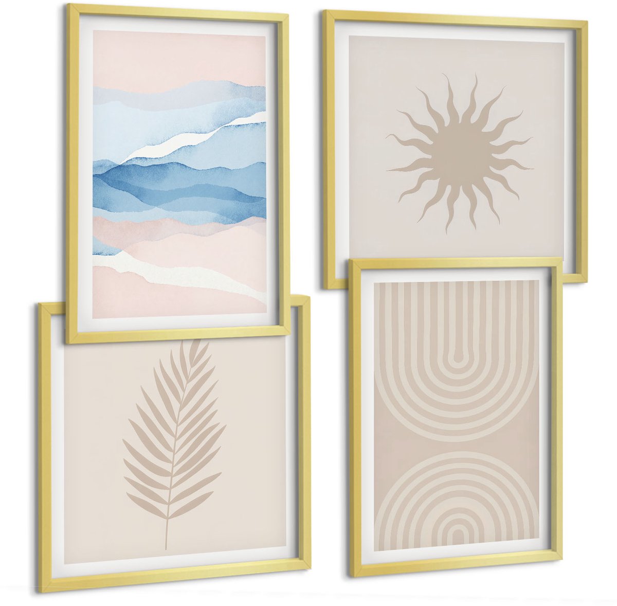 TULUP 4-Delige Schilderij Set - Zonnegolven en abstracte lijnen in pastelkleuren - 40 x 40 cm en 40 x 60 cm - Wanddecoratie - Moderne Interieurdecoratie - Muurdecoratie Gouden lijst