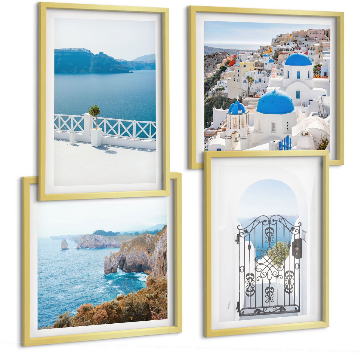 TULUP 4-Delige Schilderij Set - Zeezicht met Griekse architectuur - 40 x 40 cm en 40 x 60 cm - Muurdecoratie - Decoratieve Schilderijen - Wohnzimmer - Woonkamer Decoratie Gouden lijst