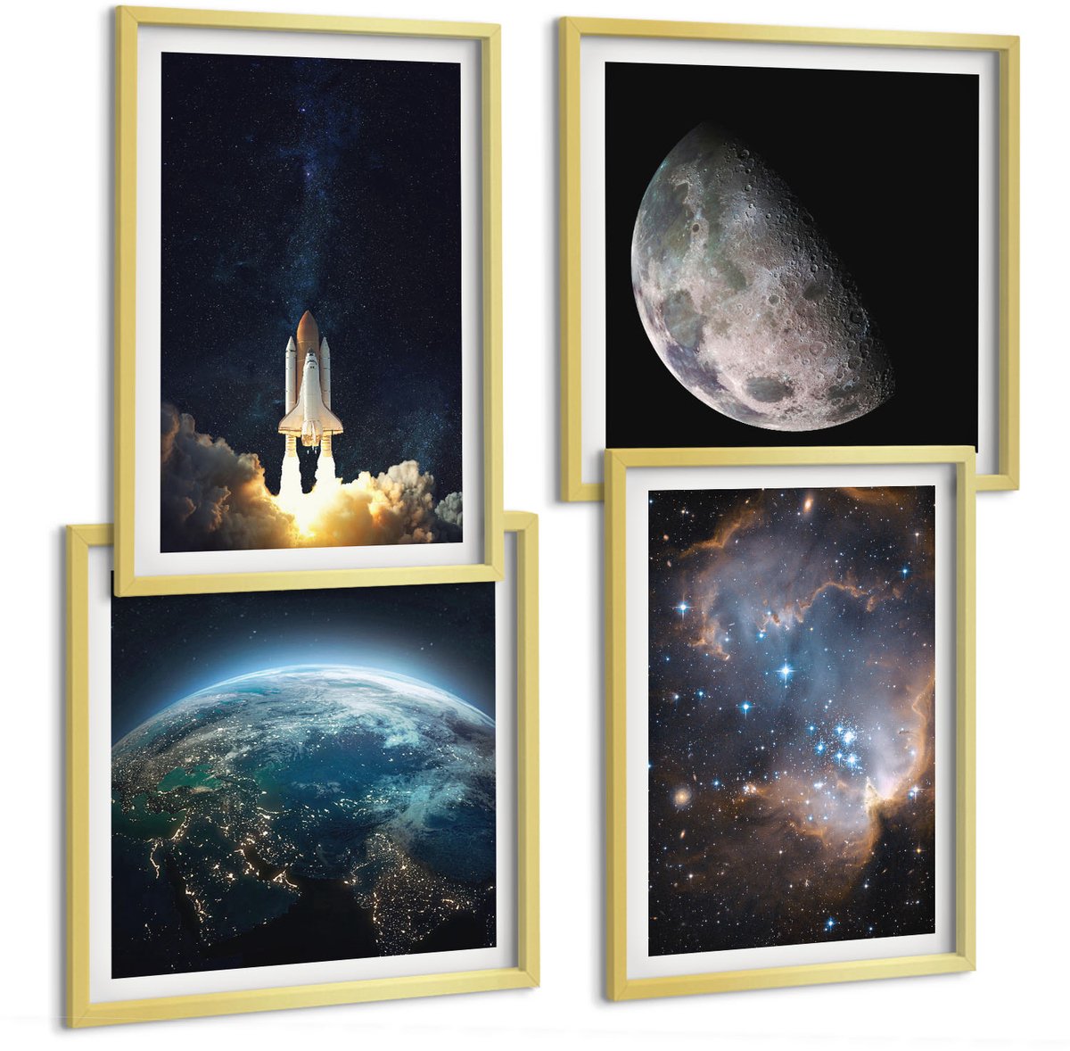 TULUP 4-Delige Schilderij Set - Ruimte Aarde Raket Melkweg Hemel Sterren - 40 x 40 cm en 40 x 60 cm - Wanddecoratie - Woonkamer Decoratie - Moderne Wanddecoratie Gouden lijst