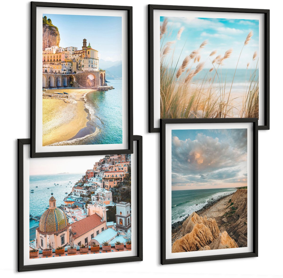 Tulup 4-Delige Schilderij Set - Kustlandschappen met strand, stad en kliffen - 40 x 40 cm en 40 x 60 cm - Wanddecoratie - Schilderijen Set - Kantoor