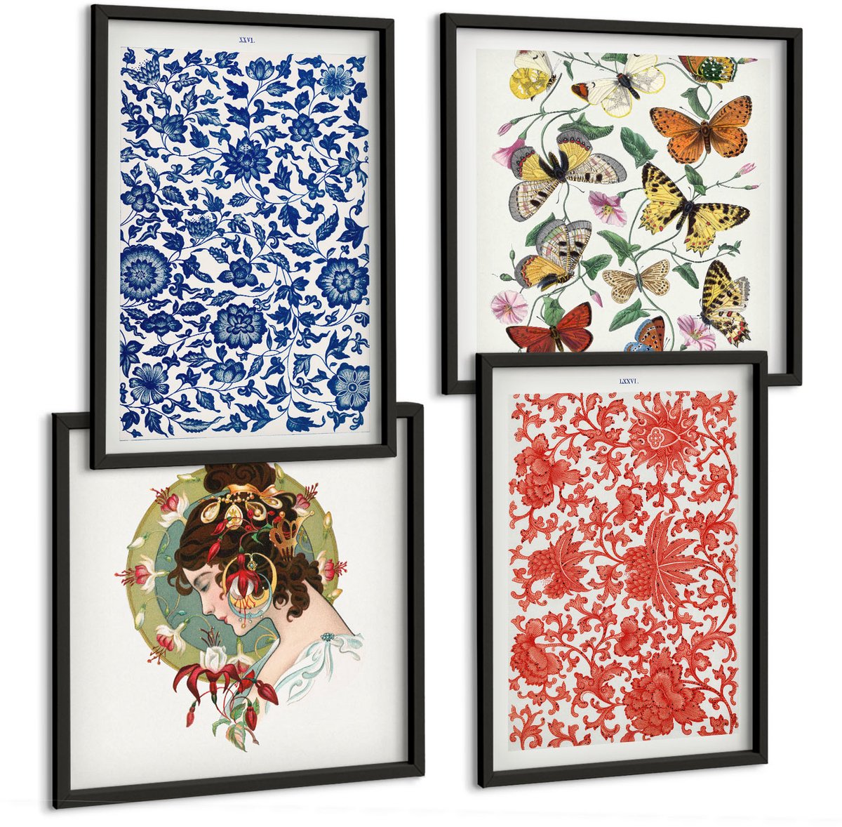 Tulup 4-Delige Schilderij Set - Vintage posters met bloemen, vlinders en ornamenten - 40 x 40 cm en 40 x 60 cm - Muurdecoratie - Decoratieve Schilderijen - Wohnzimmer - Stijlvolle Muurdecoratie