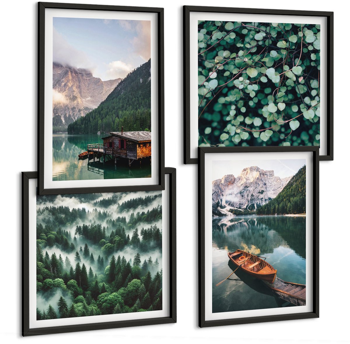 Tulup 4-Delige Schilderij Set - Berglandschap met een meer, een boot en een bos in de mist. - 40 x 40 cm en 40 x 60 cm - Wanddecoratie - Moderne Interieurdecoratie - Moderne Wanddecoratie
