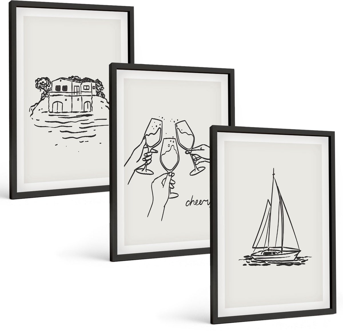 Tulup 4-Delige Schilderij Set - Uitzicht op het water, een huis dat proost met glazen en een zeilboot. - 40 x 60 cm - Wanddecoratie - Woonkamer Decoratie - Decoratieve Schilderijen