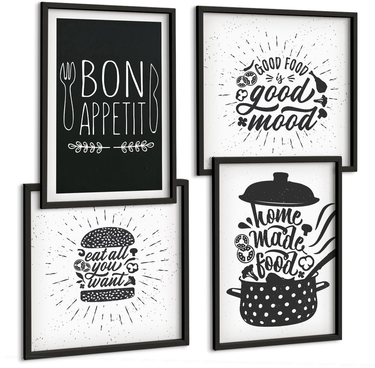 Tulup 4-Delige Schilderij Set - Voedselafbeeldingen en culinaire slogans - 40 x 40 cm en 40 x 60 cm - Muurdecoratie - Wanddecoratie - Hal