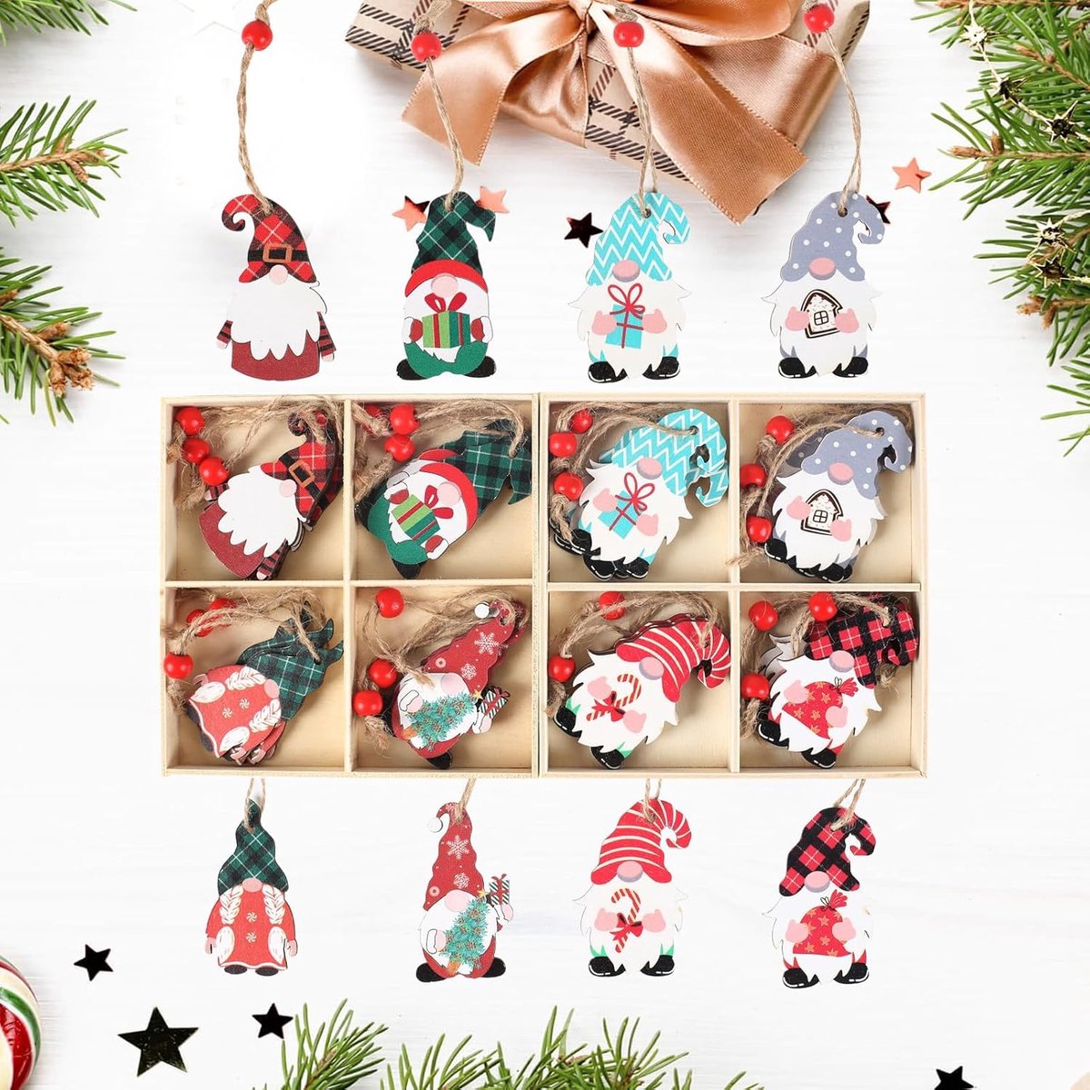 24 stuks houten kerstversieringen, kersthangers, hangers van hout, decoratie met doosjes, kerstboomdecoratie - ShopVlot