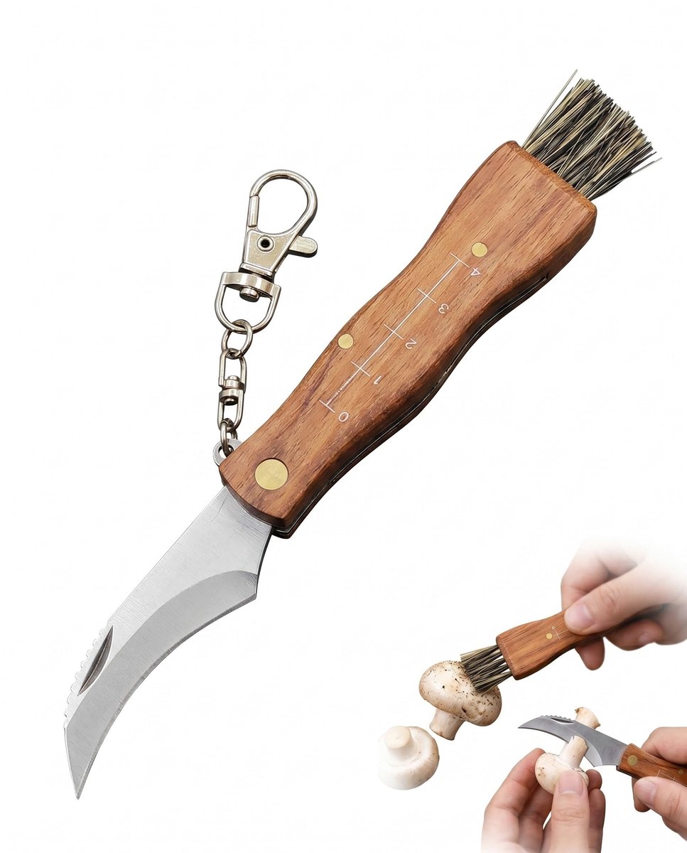 Paddenstoelmes met borstel - roestvrij houten handvat - inklapbaar - ideaal voor paddenstoelen verzamelen - ShopVlot