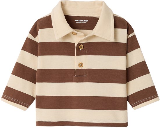 Poloshirt met lange mouwen in bruine en beige strepen, met knoopjes