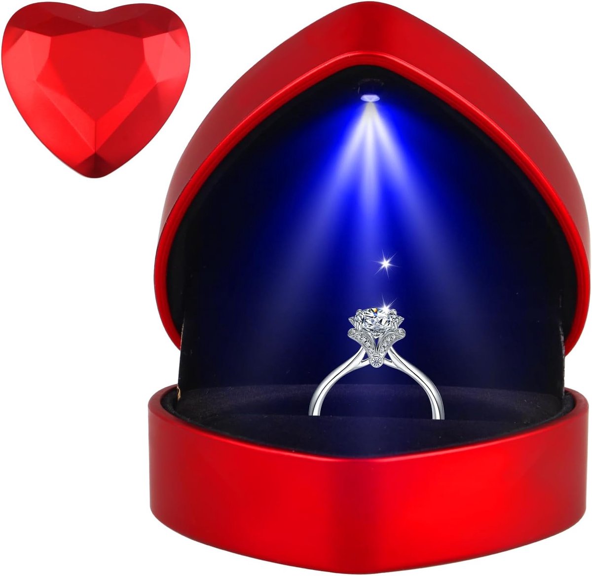 Ringbox met led-licht in hartvorm, voor verlovingsringen, automatische verlichting, hartvorm met ledlicht, rode - ShopVlot
