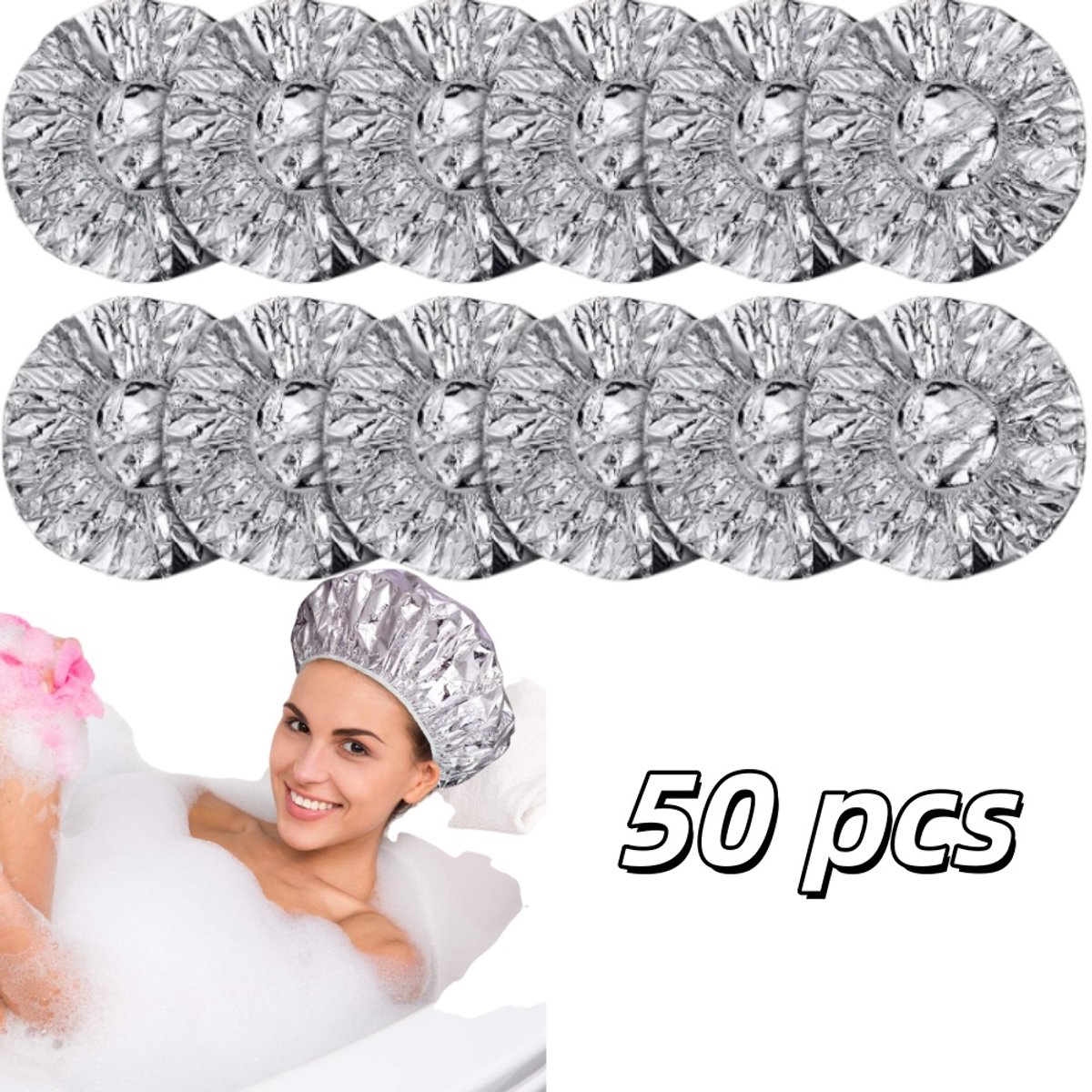 50 stuks - Foliekapje voor haar - Wegwerp beschermkapje - Kapje voor haarbehandeling - Isolatiekapje voor haarkleuring - Opening van 38 cm - Isolatiekapje voor haarkleuring en haarverzorging in de salon - Zilver