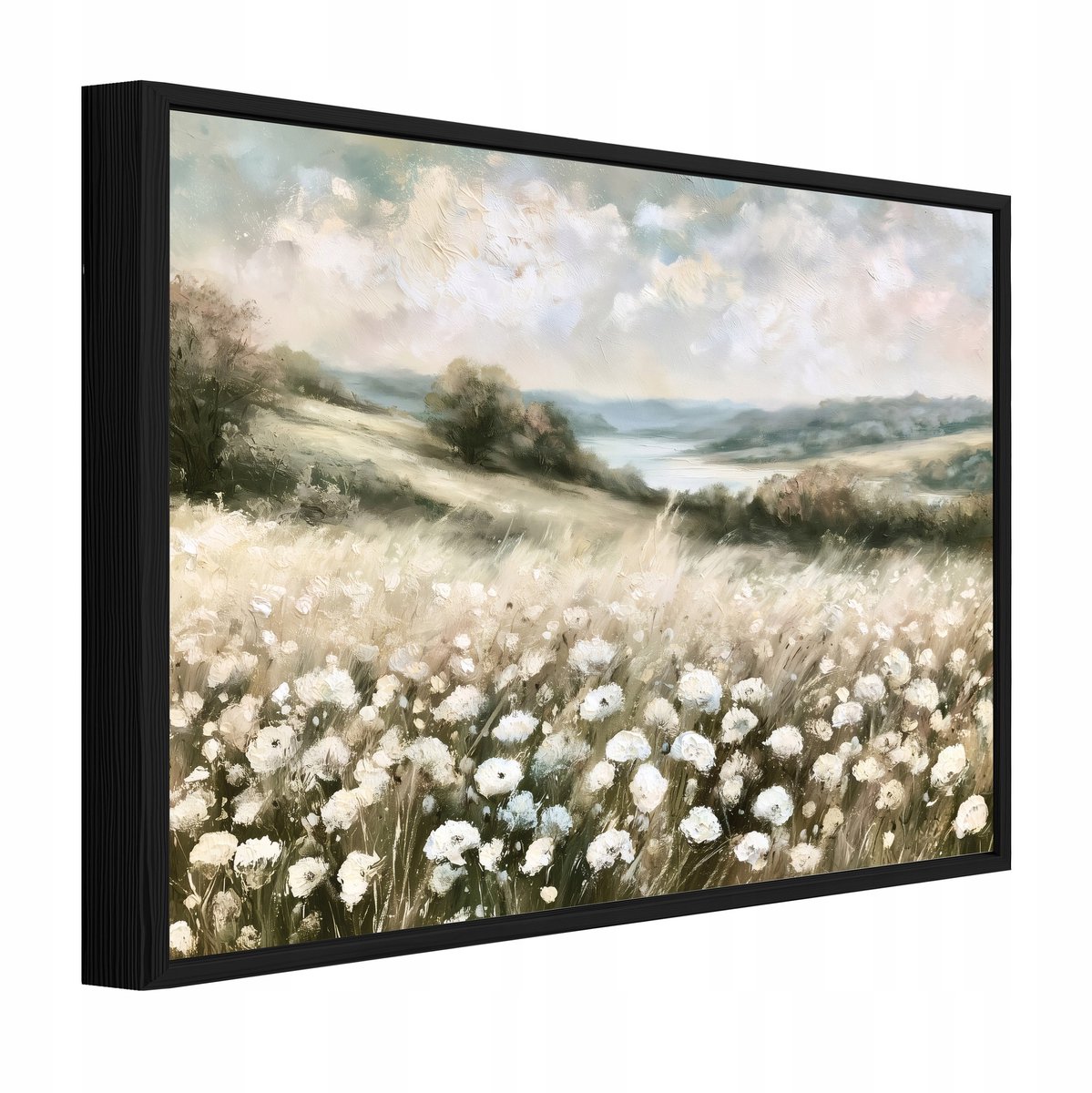 WALLARENA Schilderij op canvas met zwarte lijst - 120x80 cm - veld met wilde bloemen en natuur - voor slaapkamer en woonkamer Beige