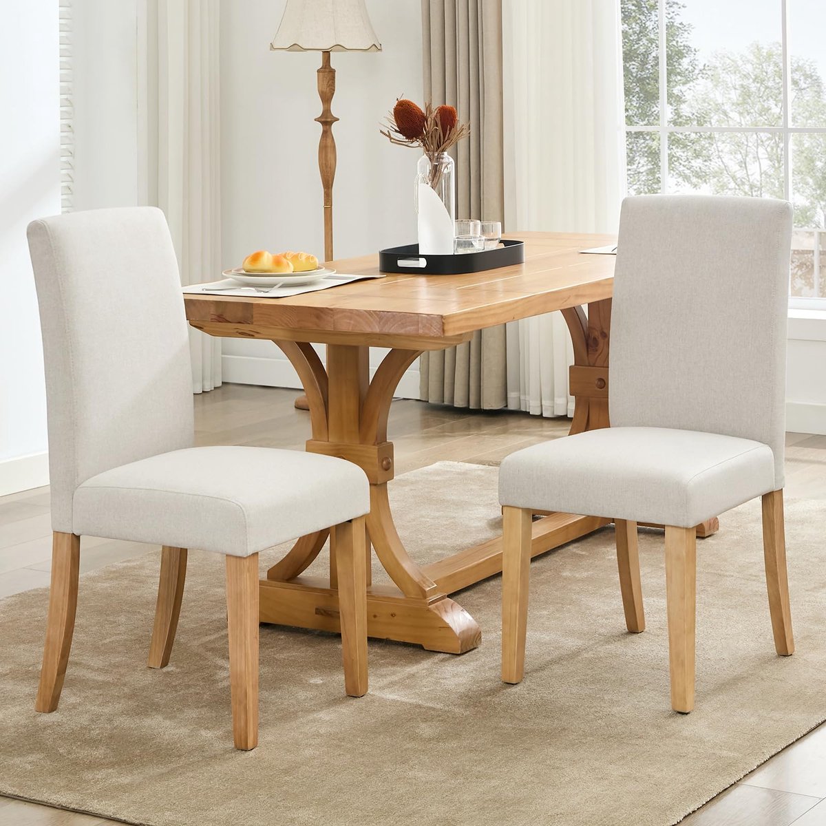 Triumpunpre - Set van 2 Gestoffeerde Eetkamerstoelen - Linnenlook Bekleding - Stevige Houten Poten - Gebroken Wit
